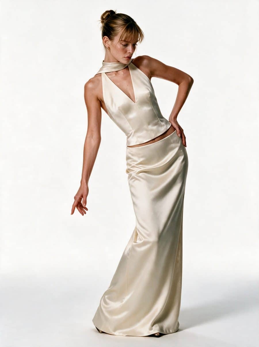 Satin Halter Top & Maxi Skirt — Full length