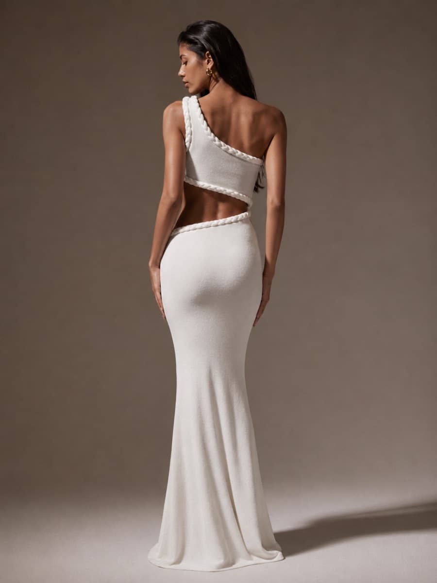 AI model wearing a white evening gown
